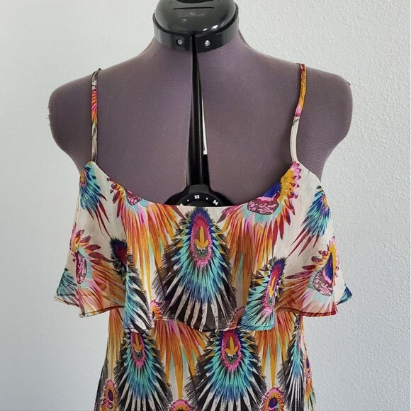 Buffalo Women’s Dress XS Black Orange Blue Peacock Print Spaghetti Strap Boho - Picture 3 of 8